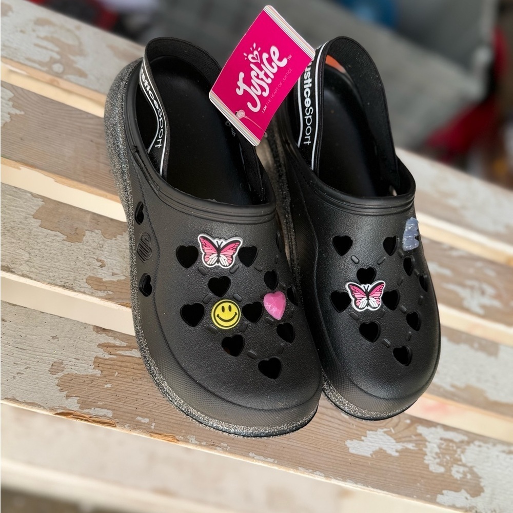Justice Kids Black Clogs with Fun Charms NEW